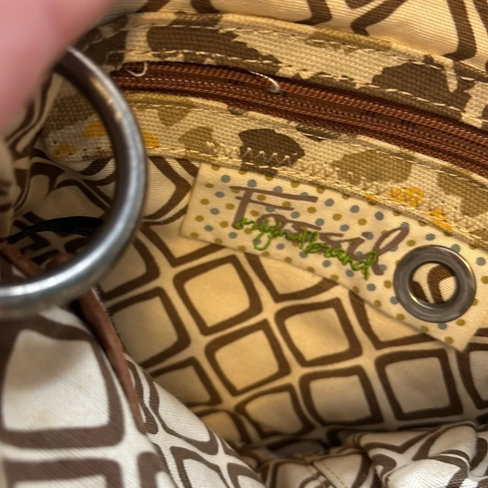 Fossil Cream Tan Brown Geometric Print Canvas Small Crossbody Purse